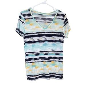 Vintage Y2K MUDD Black Yellow White Aztec V-Neck Short Sleeve Shirt Size L